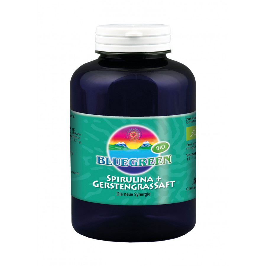 BLUEGREEN BIO Spirulina plus BIO Gerstengrassaftpulver 96g ca. 240 Presslinge BIO Gerstengrassaftpulver Smoothie Frucht Pulver